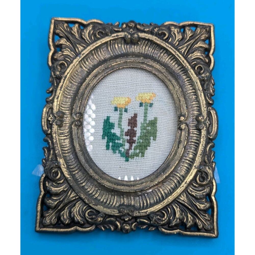 Vintage Miniature Ornate Square Brass Frame With Yellow Cross Stitch Flowers